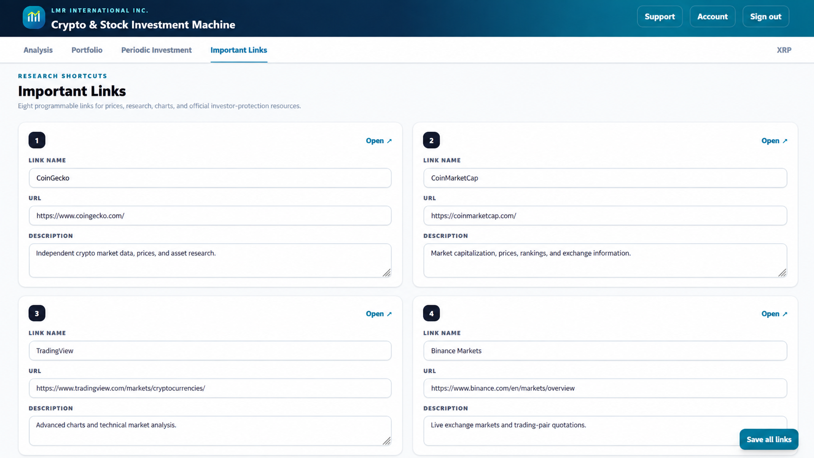Important Links tab with eight programmable cryptocurrency research resources